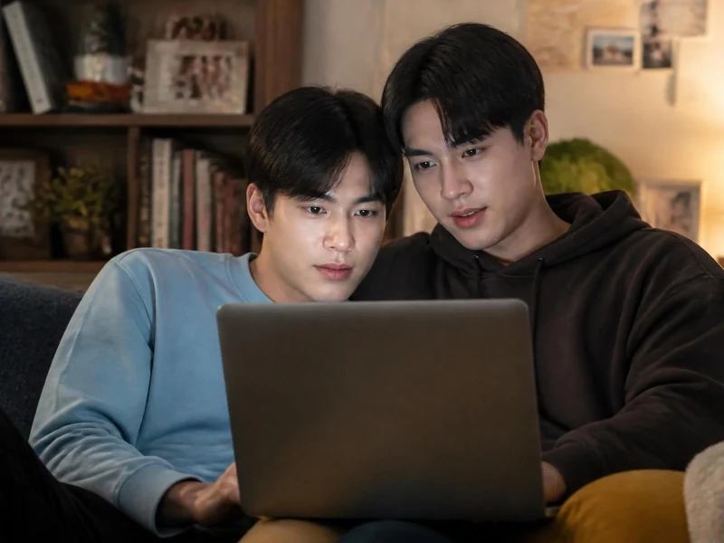 Deux jeunes hommes regardent ensemble un ordinateur pour découvrir des fictions sur Voirdrama BL