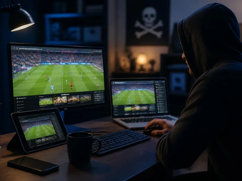 Utilisateur masqué regardant un match de football en streaming sur Volkastream depuis plusieurs appareils