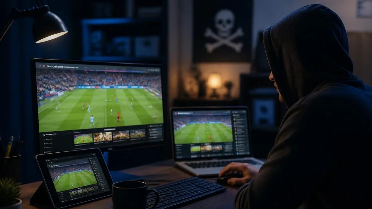 Utilisateur masqué regardant un match de football en streaming sur Volkastream depuis plusieurs appareils