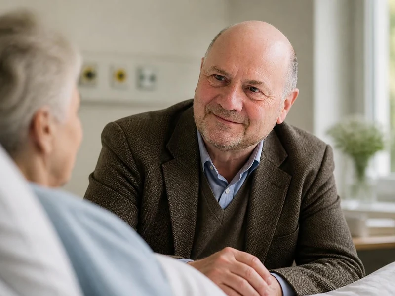 Walter Hesbeen échange avec bienveillance avec une patiente âgée dans une chambre médicalisée