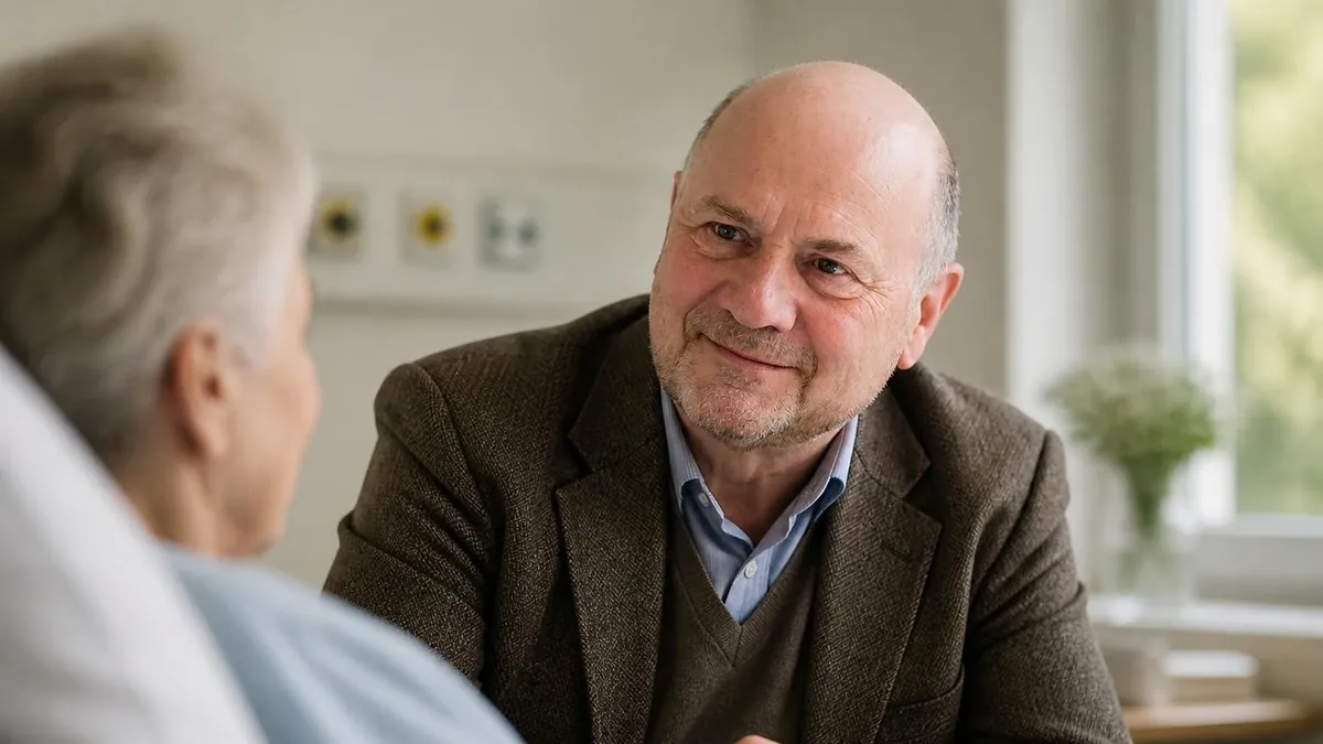 Walter Hesbeen échange avec bienveillance avec une patiente âgée dans une chambre médicalisée
