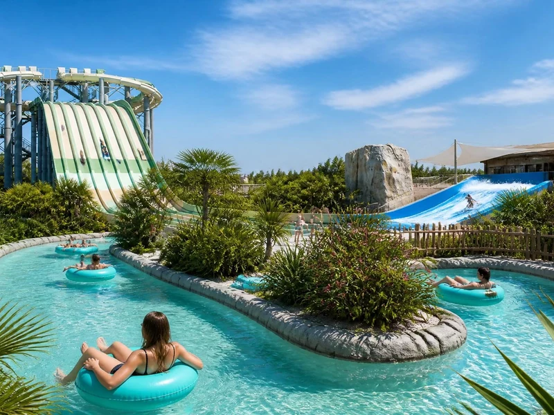Des visiteurs profitent de la rivière lente et des toboggans aquatiques ensoleillés au parc Wave Island