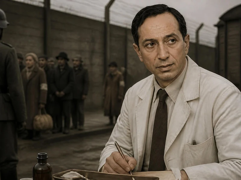 Un homme en blouse blanche incarnant Abraham Drucker dans une scène historique au sein d'un camp de concentration