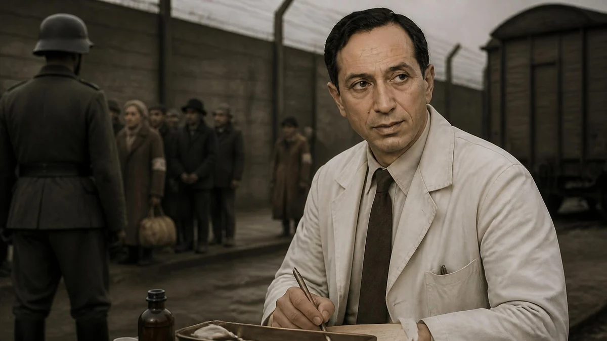 Un homme en blouse blanche incarnant Abraham Drucker dans une scène historique au sein d'un camp de concentration
