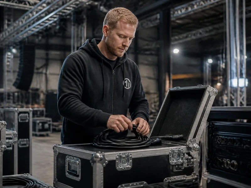 Un technicien range des câbles dans un flight case professionnel de la marque Adam Hall