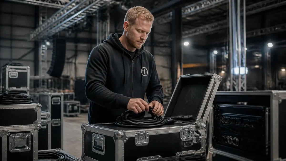 Un technicien range des câbles dans un flight case professionnel de la marque Adam Hall