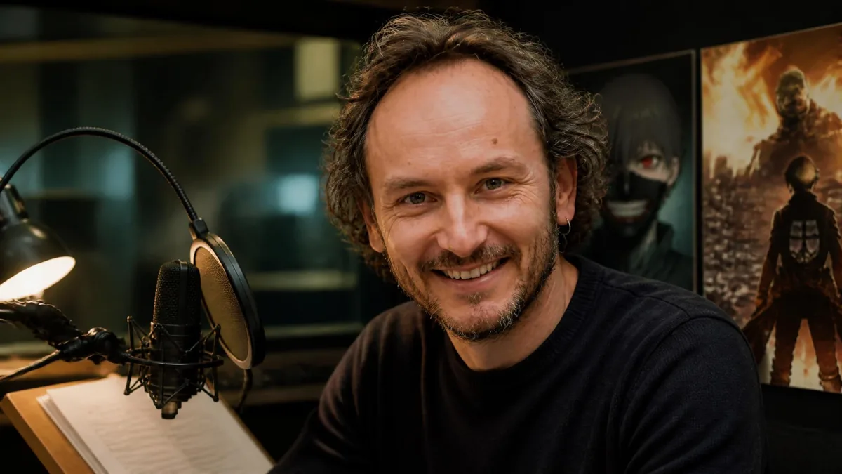 Adrien Solis sourit devant un micro de studio d'enregistrement
