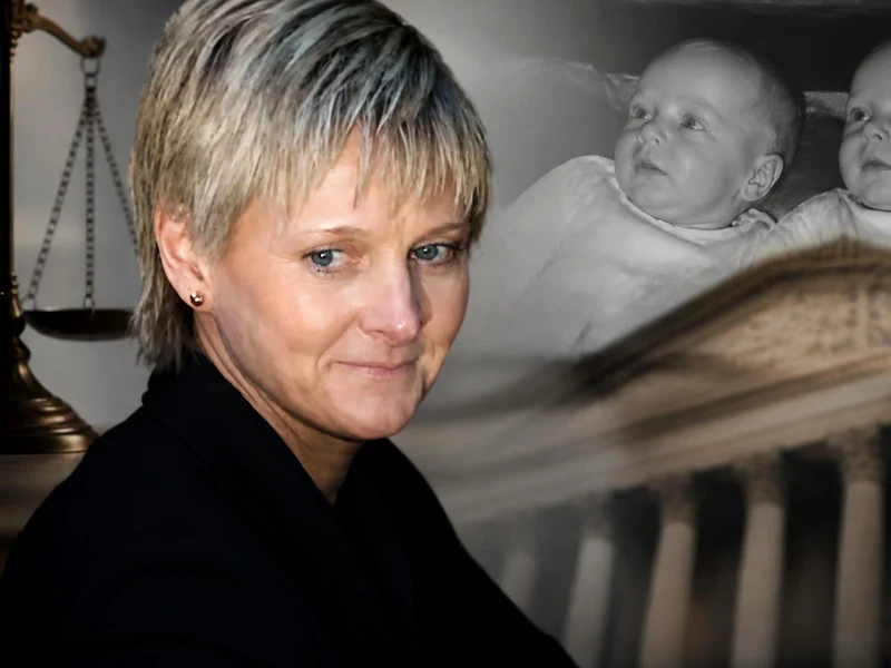 Portrait de Sally Clark accompagné d'une balance de justice et d'une image de ses deux enfants