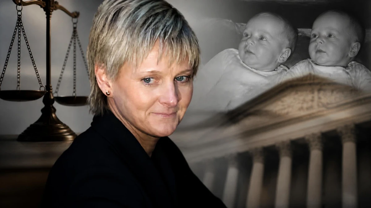 Portrait de Sally Clark accompagné d'une balance de justice et d'une image de ses deux enfants