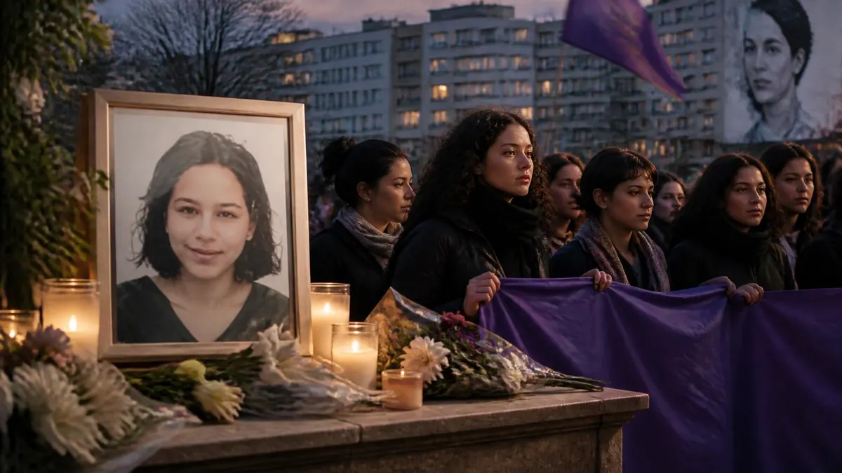 Hommage public avec des fleurs et un portrait de Sohane Benziane lors d'un rassemblement féministe