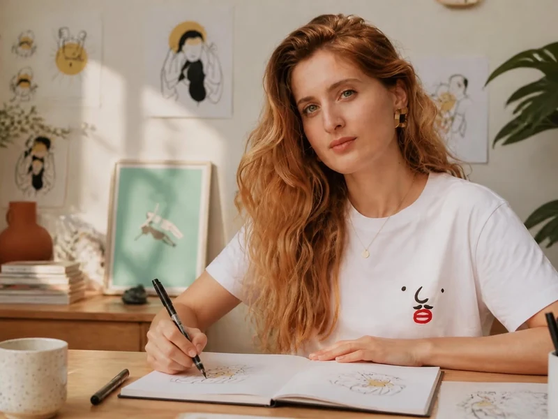 L'illustratrice Agathe Sorlet dessine dans son atelier entourée de ses créations et de plantes vertes