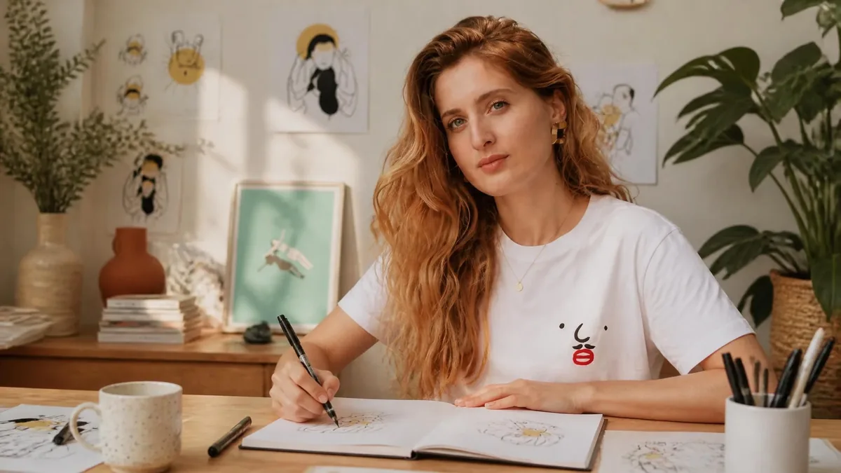 L'illustratrice Agathe Sorlet dessine dans son atelier entourée de ses créations et de plantes vertes