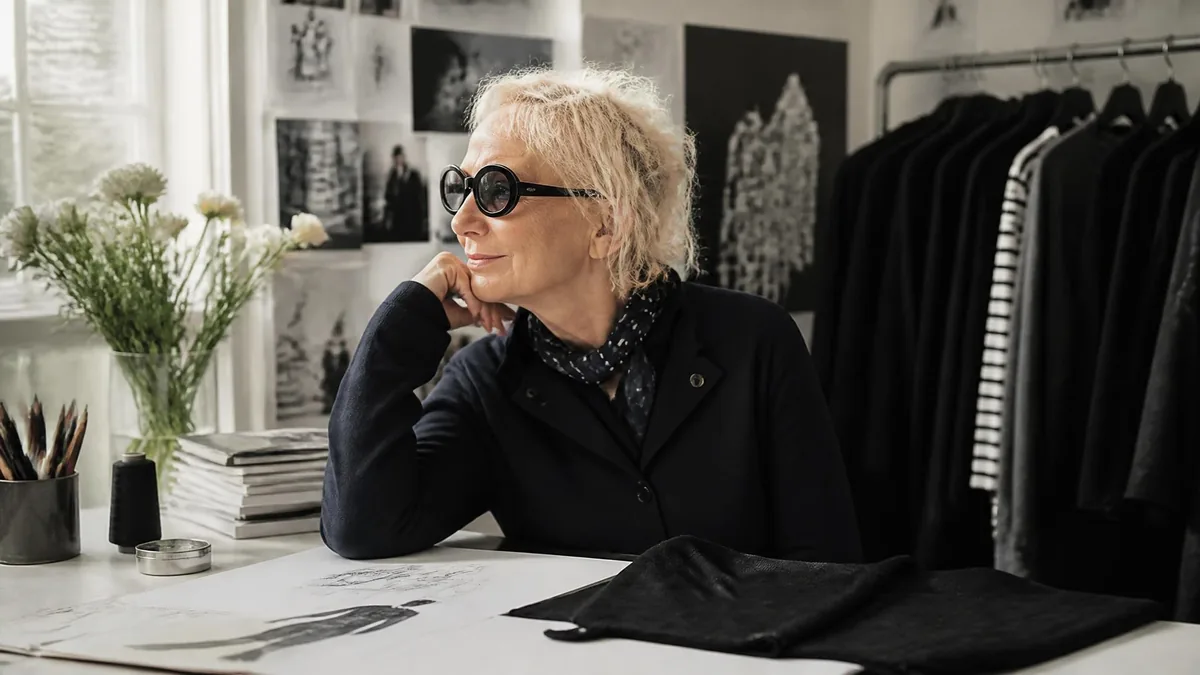 Portrait d'Agnès Troublé assise à son bureau, portant des lunettes de soleil et réfléchissant devant ses croquis de mode