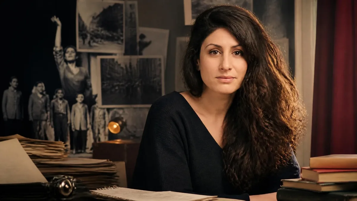 Portrait de l'autrice et comédienne Aïda Asgharzadeh posant devant un bureau rempli de documents et de livres