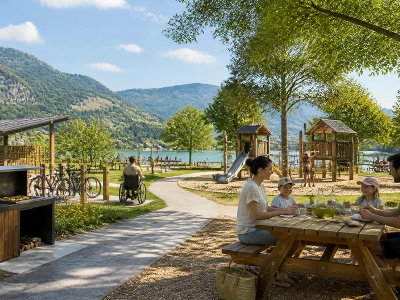 Une famille profite d'une aire de pique-nique aménagée près d'un lac avec des jeux pour enfants et un barbecue