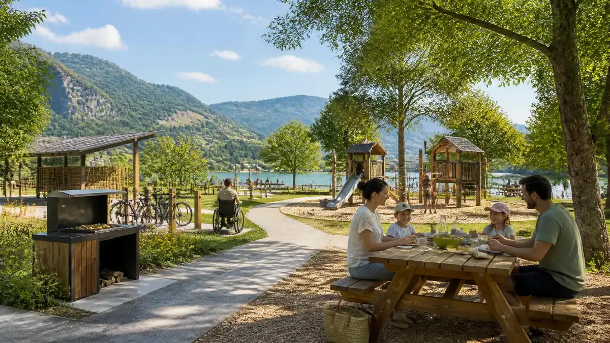 Une famille profite d'une aire de pique-nique aménagée près d'un lac avec des jeux pour enfants et un barbecue