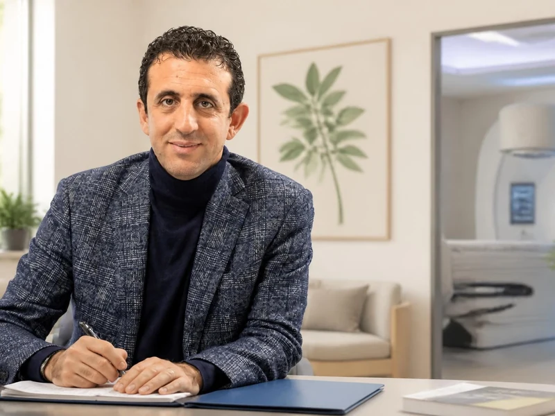 Portrait du médecin Alain Toledano assis à son bureau dans un environnement médical moderne
