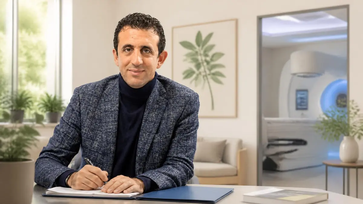 Portrait du médecin Alain Toledano assis à son bureau dans un environnement médical moderne