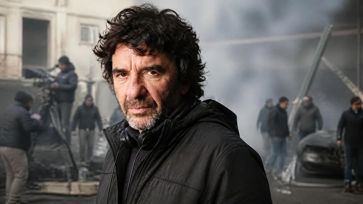 Albert Goldberg sur le plateau de tournage d'un film entouré de son équipe technique