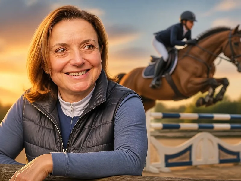 Alexandra Ledermann souriante devant une cavalière sautant un obstacle à cheval au coucher du soleil