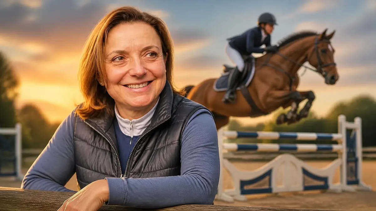 Alexandra Ledermann souriante devant une cavalière sautant un obstacle à cheval au coucher du soleil