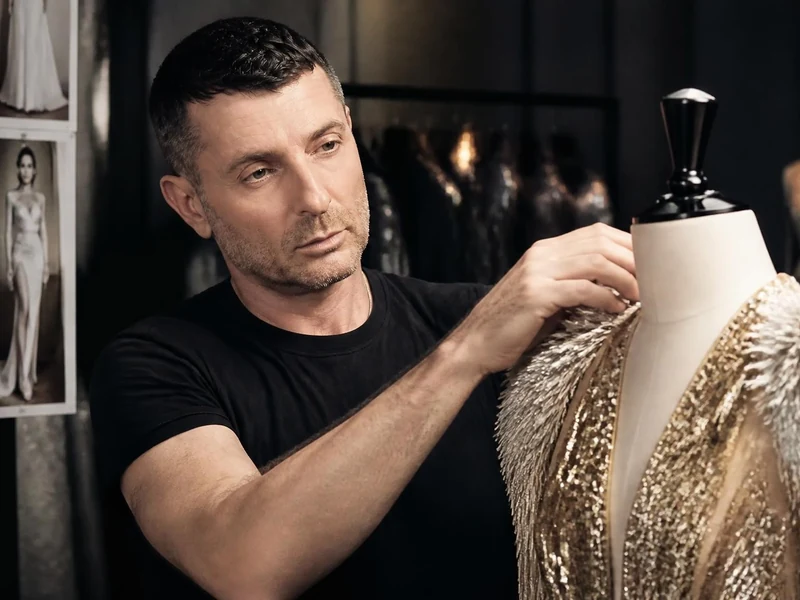 Le créateur Alexandre Vauthier ajuste avec précision une robe de haute couture sur un mannequin de couture dans son atelier