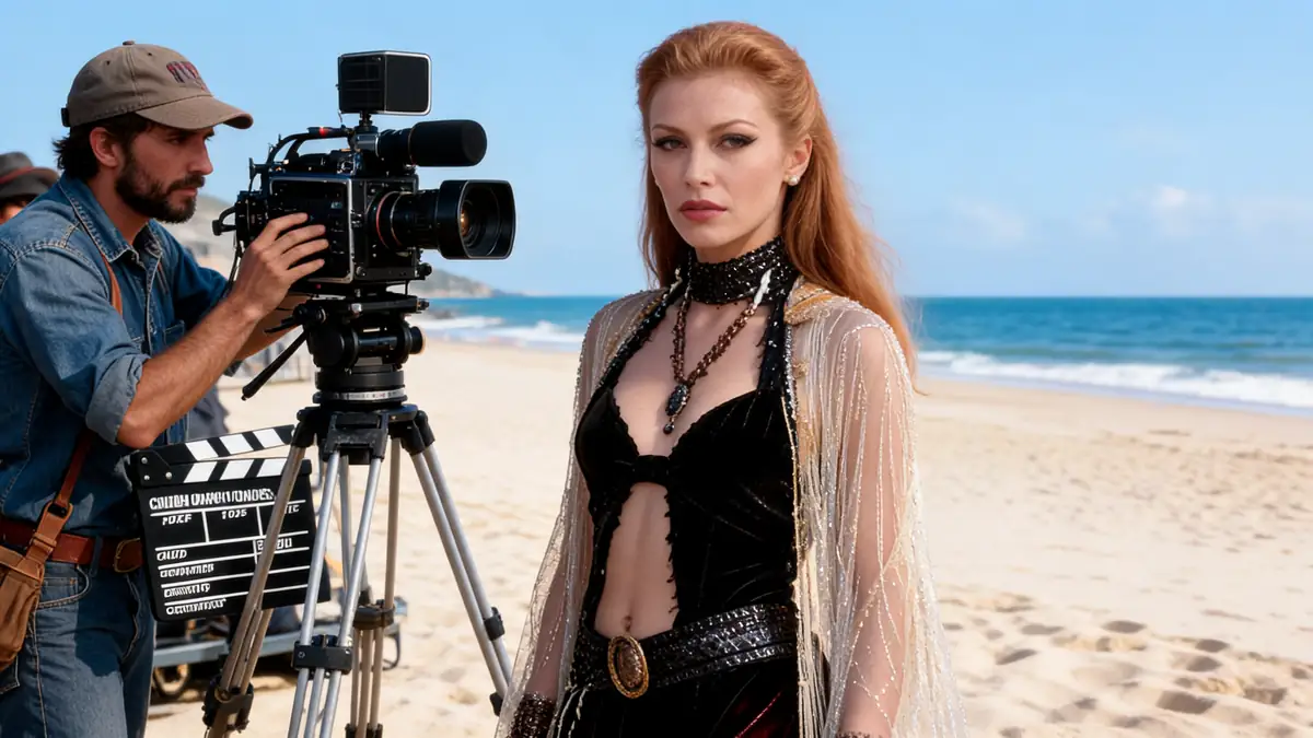 Une femme rousse incarnant Alice Arno pose sur une plage devant une caméra de cinéma