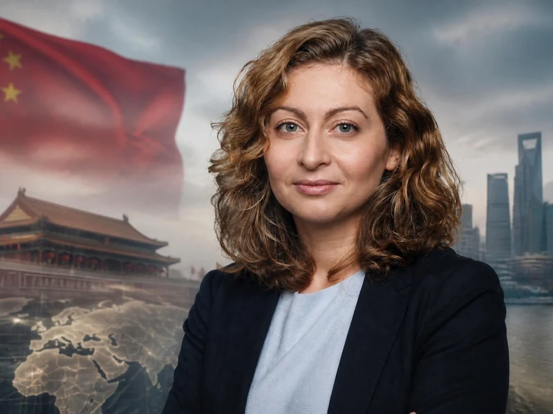 Portrait de la sinologue Alice Ekman avec en arrière-plan des symboles de la Chine contemporaine