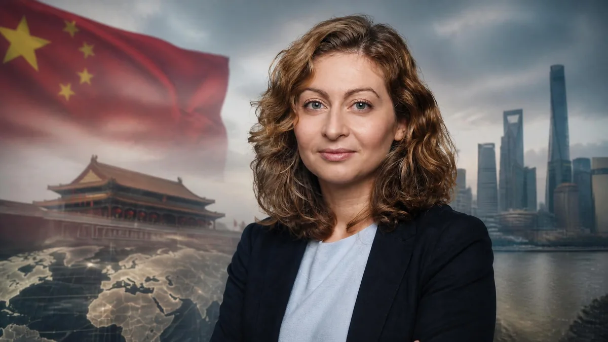 Portrait de la sinologue Alice Ekman avec en arrière-plan des symboles de la Chine contemporaine
