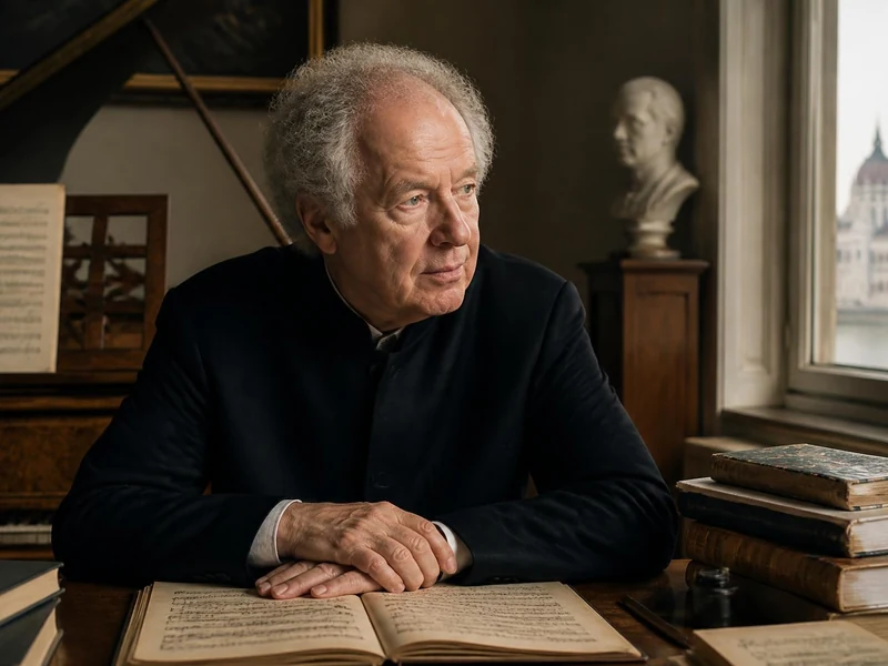 Le pianiste András Schiff assis à son bureau avec des partitions et une vue sur le Parlement de Budapest