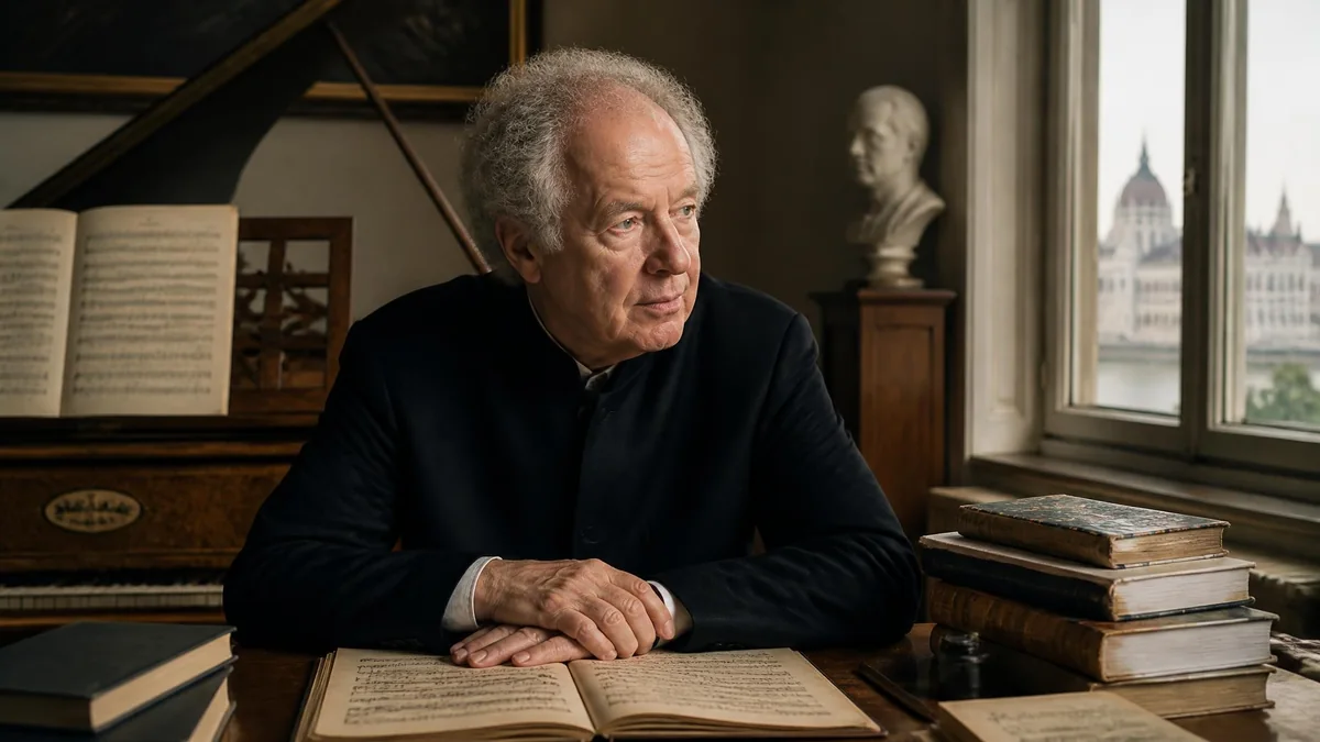 Le pianiste András Schiff assis à son bureau avec des partitions et une vue sur le Parlement de Budapest
