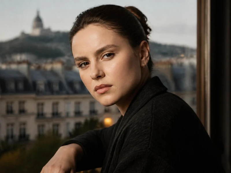 Portrait de l'actrice Angelina Woreth posant devant une vue panoramique des toits de Paris