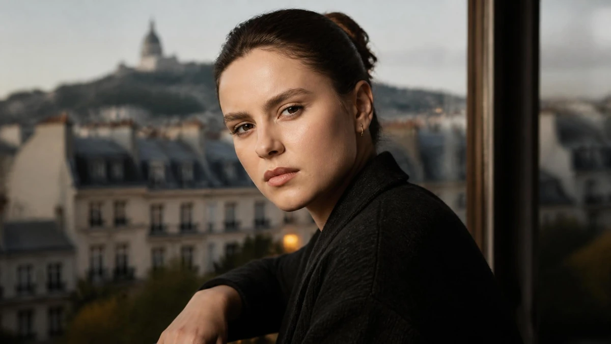 Portrait de l'actrice Angelina Woreth posant devant une vue panoramique des toits de Paris