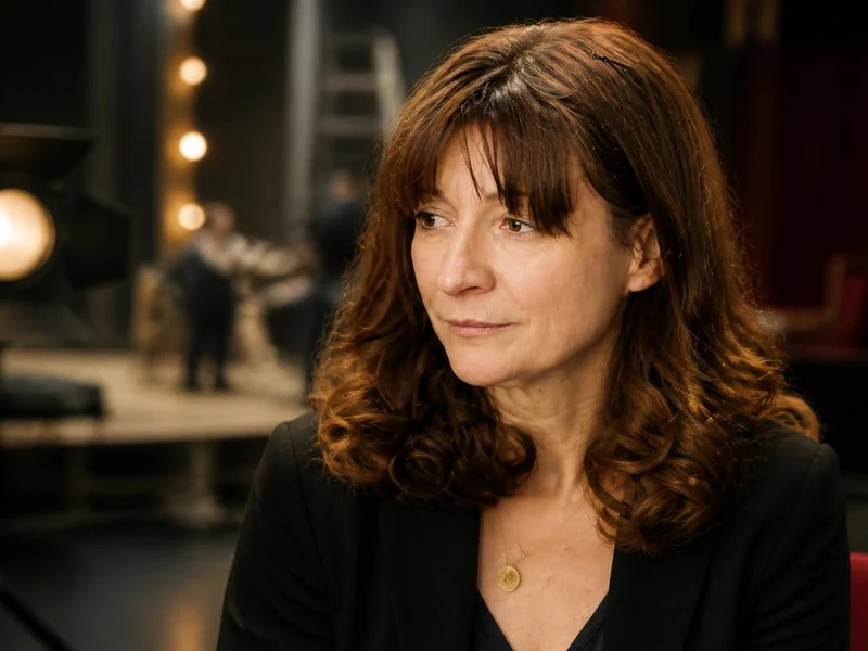 Portrait de la comédienne Anne Bouvier dans un décor de théâtre avec un projecteur en arrière-plan