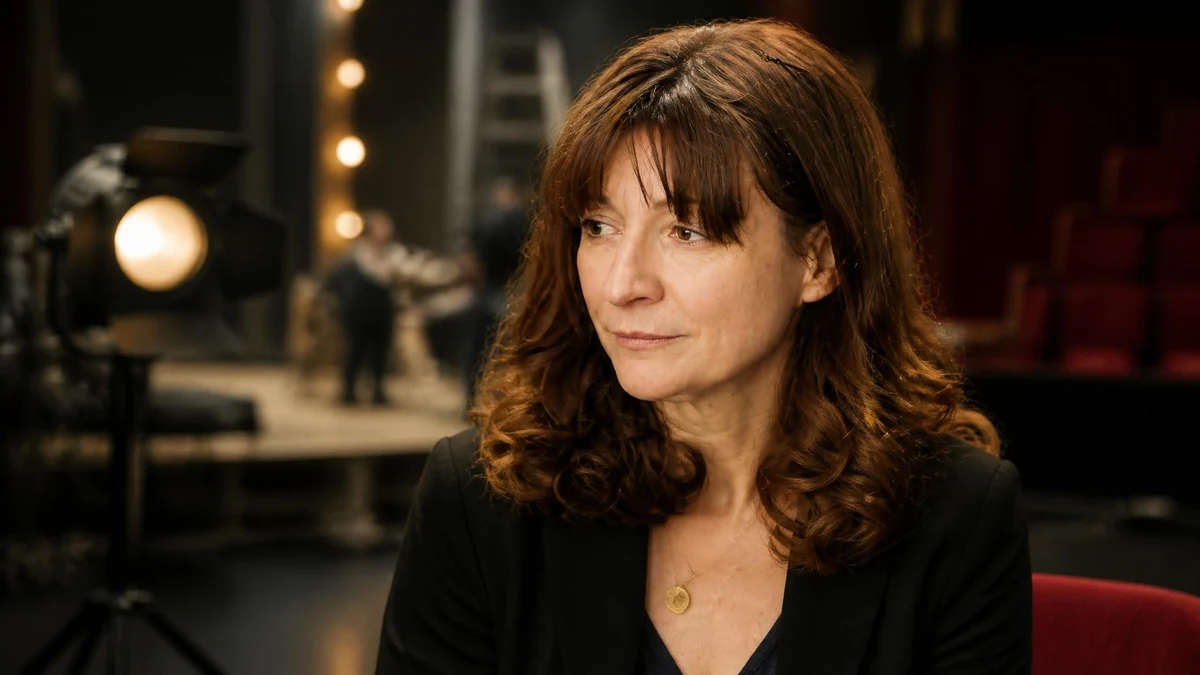 Portrait de la comédienne Anne Bouvier dans un décor de théâtre avec un projecteur en arrière-plan