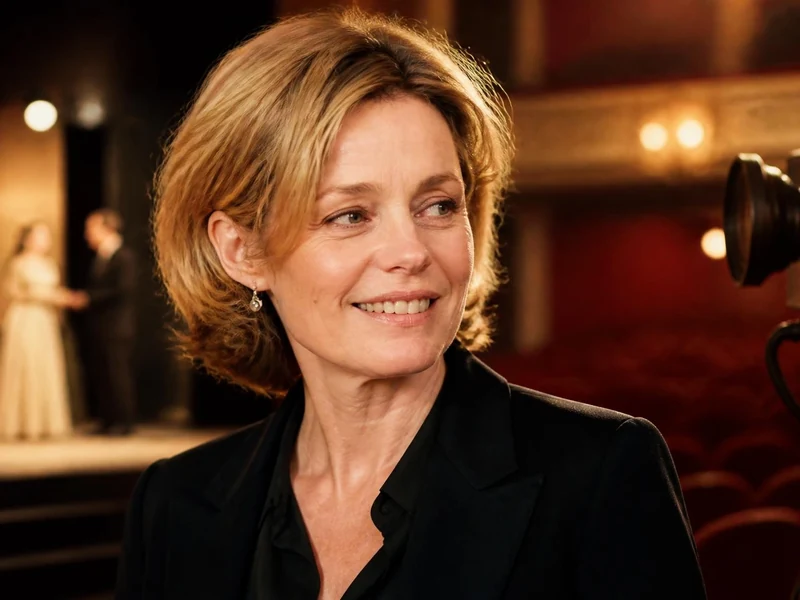 Portrait souriant de la comédienne Anne Jacquemin devant une caméra dans une salle de théâtre