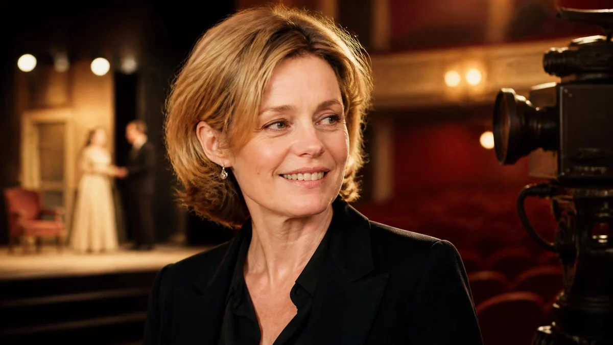 Portrait souriant de la comédienne Anne Jacquemin devant une caméra dans une salle de théâtre