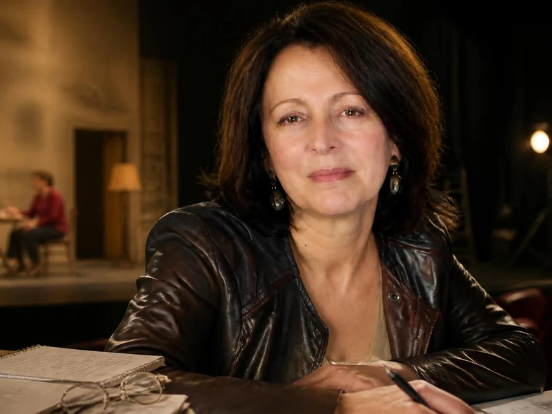Portrait souriant de la réalisatrice Anne-Marie Étienne assise devant un bureau dans une salle de théâtre