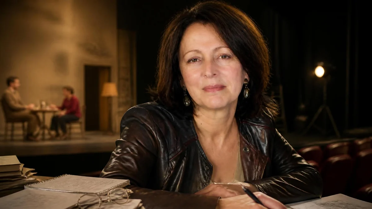 Portrait souriant de la réalisatrice Anne-Marie Étienne assise devant un bureau dans une salle de théâtre