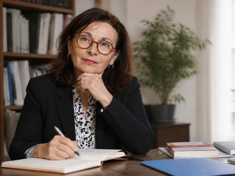 Portrait de la sociologue Anne Muxel assise à son bureau, en train d'écrire dans un carnet devant une bibliothèque
