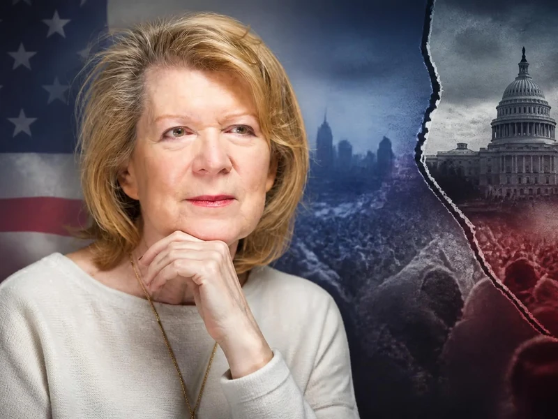 Portrait pensif de la journaliste Anne Toulouse devant une illustration des divisions politiques aux États-Unis