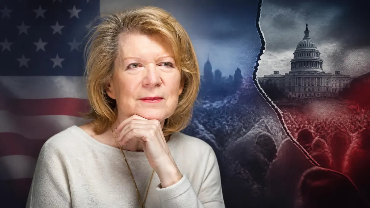 Portrait pensif de la journaliste Anne Toulouse devant une illustration des divisions politiques aux États-Unis