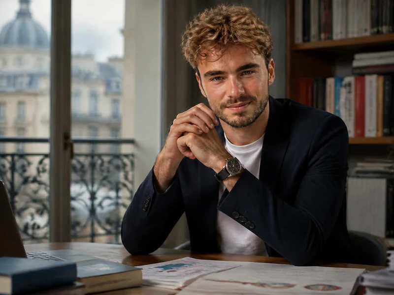 Portrait du politologue Antoine Bristielle assis à son bureau devant une fenêtre avec vue sur Paris