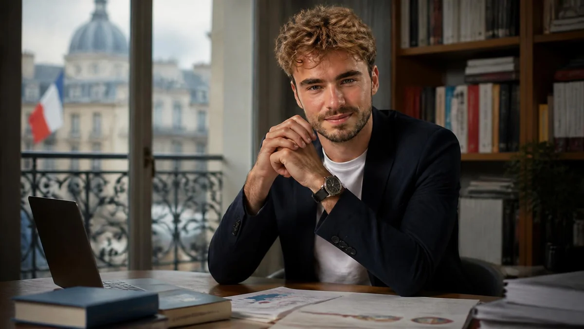 Portrait du politologue Antoine Bristielle assis à son bureau devant une fenêtre avec vue sur Paris