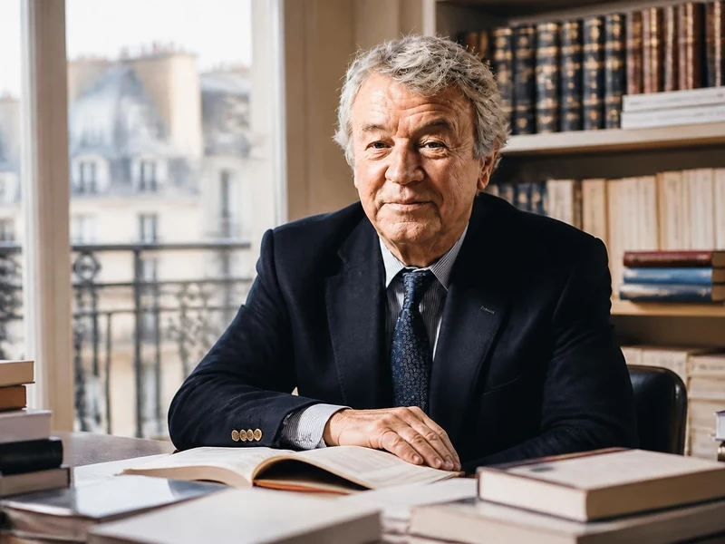Portrait d'Antoine Gallimard assis à son bureau devant des étagères remplies de livres dans son bureau parisien