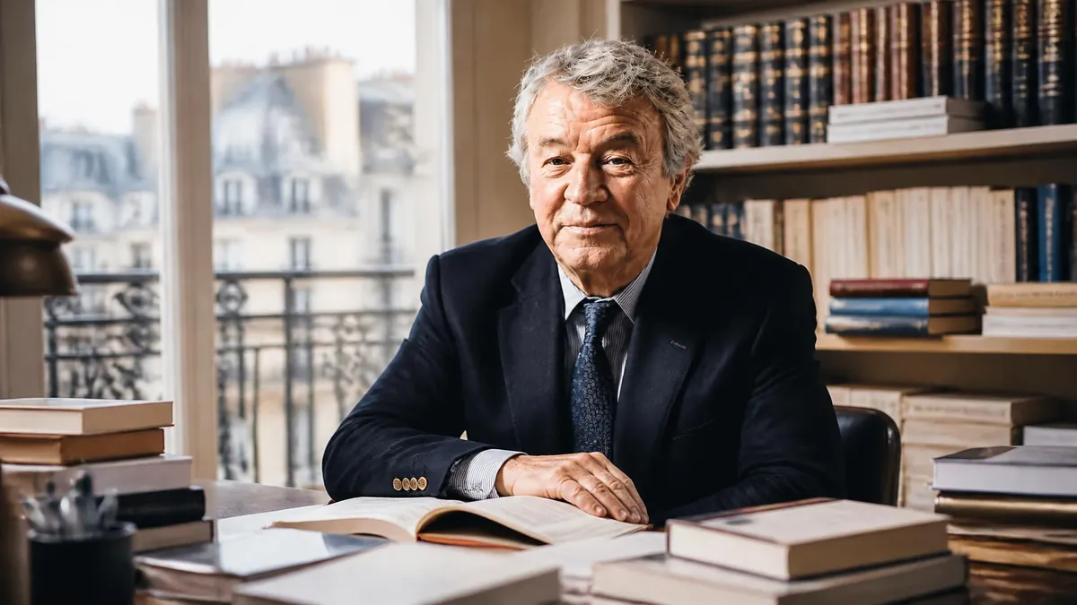 Portrait d'Antoine Gallimard assis à son bureau devant des étagères remplies de livres dans son bureau parisien