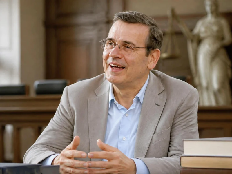Le magistrat Antoine Garapon s'exprime dans une salle d'audience avec des livres posés sur une table devant lui