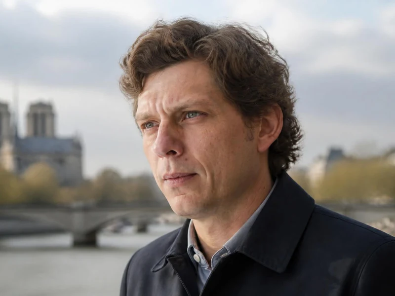 Portrait de l'écrivain Antoine Leiris posant en extérieur avec la cathédrale Notre-Dame en arrière-plan