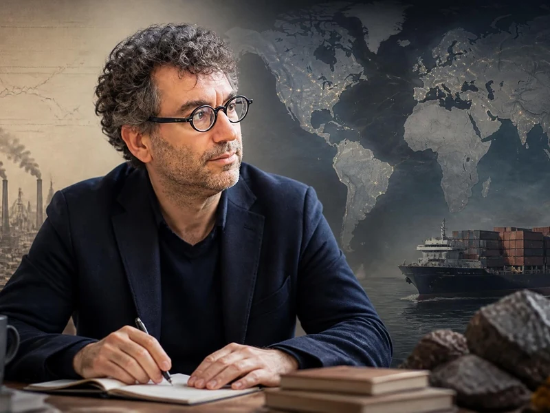 Portrait de l'historien Arnaud Orain travaillant à son bureau devant un montage d'éléments liés à l'économie mondiale