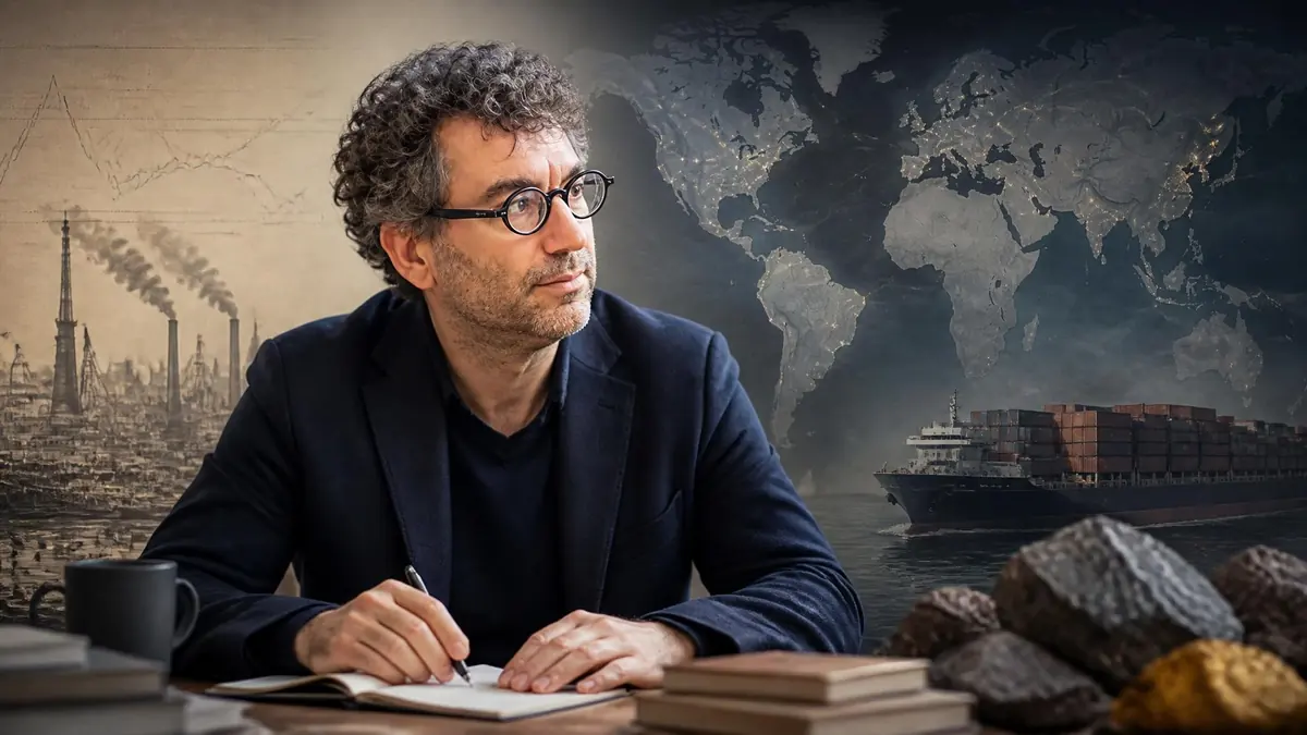 Portrait de l'historien Arnaud Orain travaillant à son bureau devant un montage d'éléments liés à l'économie mondiale